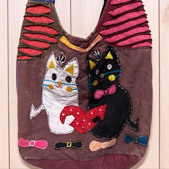 87 🌸 Colorful Boho Kitties Shoulder Shoulder Bag with zipper closure 100% cotton - Picture 2 of 3
